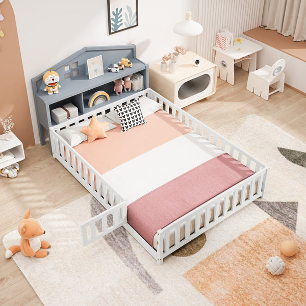 English Elm Headboard Storage Cabinet for Full-Size Montessori Floor Bed with Built-In Shelves and Easy Mounting Grey 56.3 L x 17.32 W x 5.31 H W1716P181578