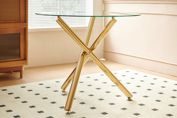 English Elm 1+4,5Pieces Mid-Century Dining Set With Glass Top & Gold Metal Legs - Stylish Table For 4-6 People W234S00091