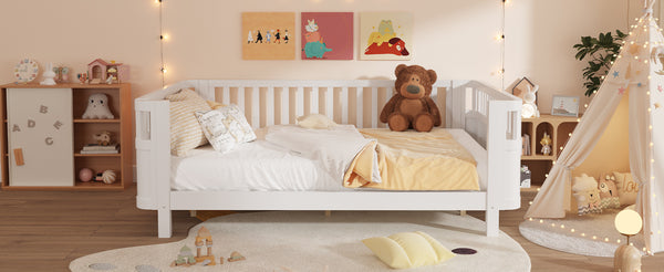 English Elm Queen Low Profile Pine Wood Kids Platform Bed with Guardrails and Rounded Safety Posts White W2593P409122