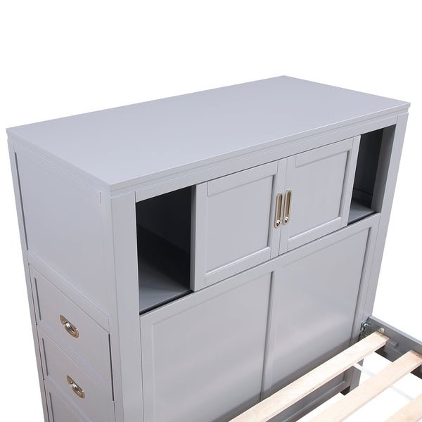 English Elm Gray Twin Platform Bed with Bookcase Headboard Hidden Desk Stool and Footboard Bench Gray B011S02323