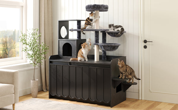 English Elm 50.6" Modern Cat Tower with Hidden Litter Enclosure Sisal Posts and Dual Hammocks N704P443505B
