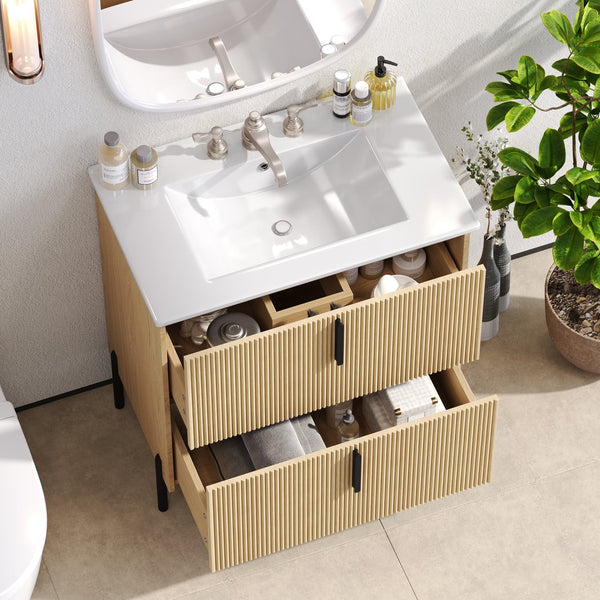 English Elm Christopher Knight Home® - 30" Bathroom Vanity With Ceramic Sink, Soft-Close Drawers & Elegant Fluted Design For Small Spaces N817P295761N