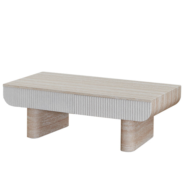 English Elm Coffee Table Mid Century Modern Oval with Faux Marble Top, Fluted Hidden Drawer, Small Space Friendly W3040P382310