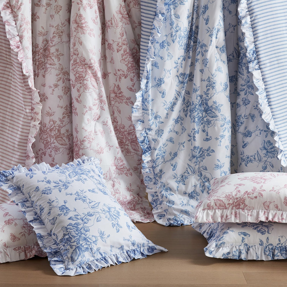 JLA Home Madison Park Essentials - 5 Vintage-Inspired Comforter Set with Ruffle Trim, Reversible Stripe, OEKO-TEX Soft Microfiber Luxury Blue MPE10-1167