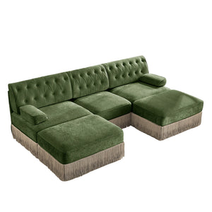 English Elm U Shaped Velvet Chesterfield Sectional with Tufting Tassel Fringe Skirt Modular Living Room Sofa Green W714S01708