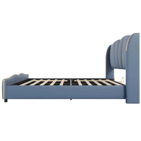 English Elm Christopher Knight Home® - Queen Plush Leather Upholstered Bed Frame with Wingback Headboard, Wavy Footboard, Quiet Support Antique Blue 85.2 L x 9.8 W x 3.25 H N761S0000016C
