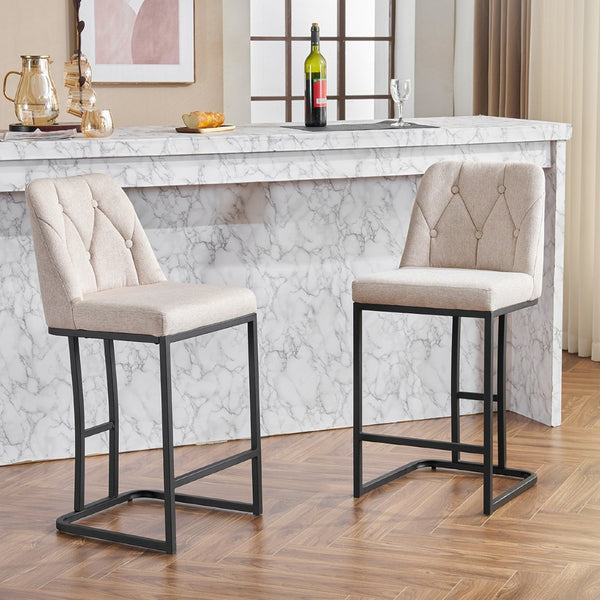 English Elm Set Of 2 Modern Upholstered Counter-Height Bar Stools With Button-Tufted Backrest - Beige Elegance W1901P225271-GIGA