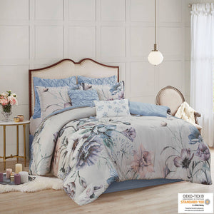 JLA Home Madison Park - 8 Romantic Cotton Floral Comforter Set with OEKO-TEX Cert, Breathable Blue Tones, Embroidered Accents 90 L x 90 W x 1.5H MP10-7834