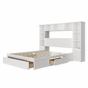 English Elm Queen Pine Wood Platform Bed with Built-In Nightstands, 2 Charging Stations, 3 Drawers & Storage BS701P286275K