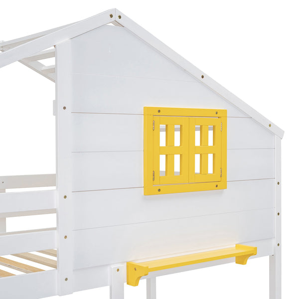 English Elm Twin Playhouse Bunk Bed Pinewood Frame with Pitched Roof Window Shelf and Storage Drawers White LT001608AAK-1