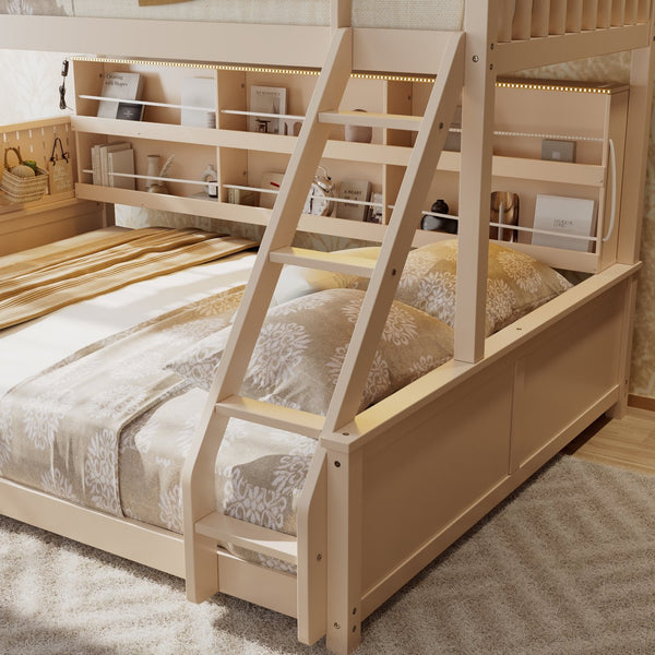English Elm Twin Xl Over Queen Bunk Bed with Led Lighting Shelving and Pegboard Pinewood Frame Beige LT000280AAA