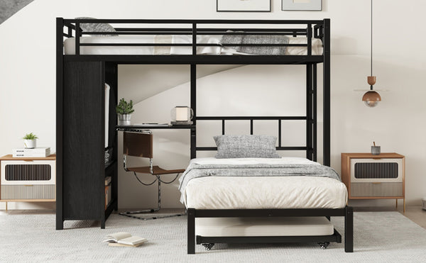 English Elm Twin Bunk Bed With Wardrobe & Trundle, Metal Frame, Foldable Desk, Noise-Reduced Design, Black Finish W1580S00135-GIGA