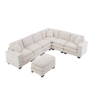 English Elm Modern U Shaped 6-Seat Sectional Sofa with Ottoman and 3 Toss Pillows, Corduroy Modular Comfort and Durable Frame White W2363S00039
