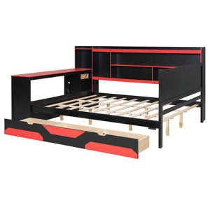 English Elm Queen Gaming Bed Frame with Desk Led Lighting Storage Drawers and Bookcase Headboard Black+Red LP000290AAJ