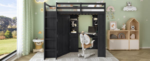 English Elm Twin Loft Bed with Wardrobe Desk Charging Station and Spotlights for Small Rooms Black LT000450AAB