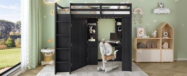 English Elm Twin Loft Bed with Wardrobe Desk Charging Station and Spotlights for Small Rooms Black LT000450AAB