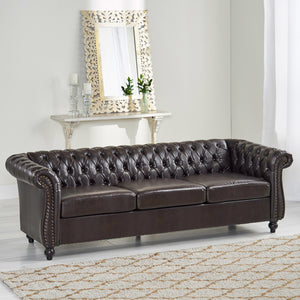 English Elm Christopher Knight Home® - 3 Seater Chesterfield Sofa with Button Tufted Diamond Stitch, Nailhead Accents & Scrolled Arms - Low Profile Brown N771P262584W
