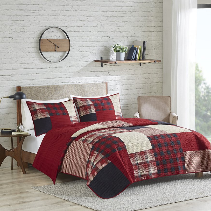 JLA Home Woolrich - Oversized Cotton Quilt Mini Set with Reversible Plaid & Solid Red, Lightweight Year-Round Comfort 110 L x 96 W x 0.25H WR14-1731