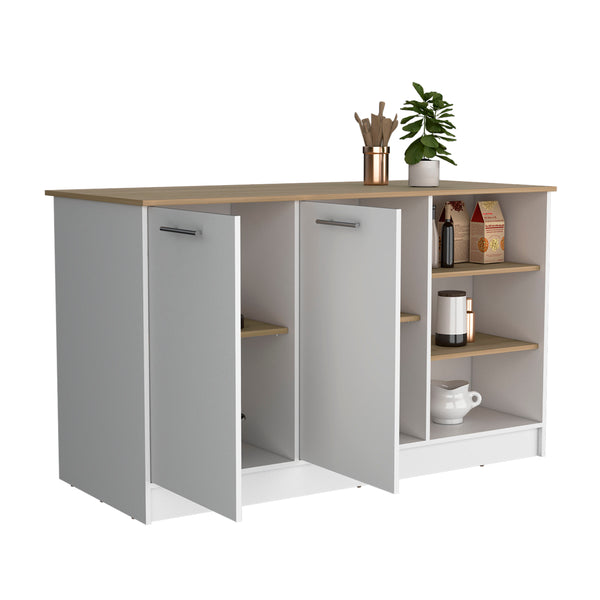 English Elm Ginger Kitchen Island with 3 Open Shelves, 2 Cabinets, 26" x 59" Prep Counter in Walnut Finish B200S00395