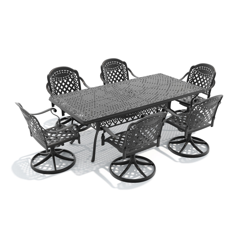 English Elm 7-piece Cast Aluminum Outdoor Dining Set with Ornate Swivel Chairs and Rectangular Table W1710S00329