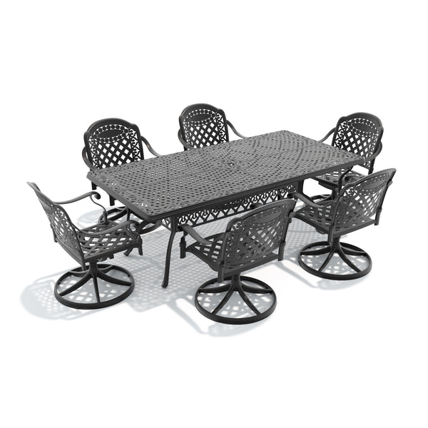 English Elm 7-piece Cast Aluminum Outdoor Dining Set with Ornate Swivel Chairs and Rectangular Table W1710S00329