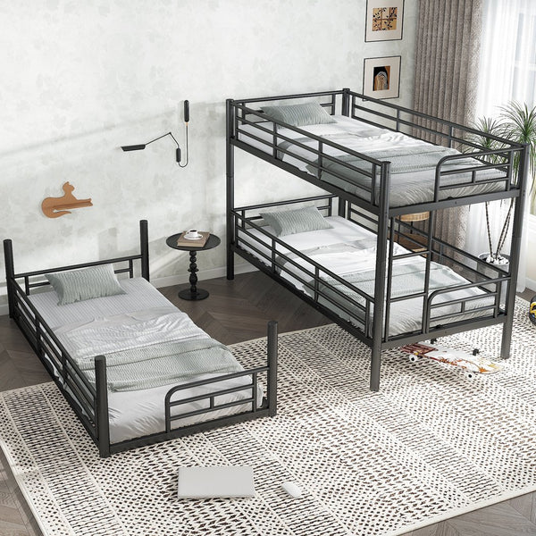 English Elm Twin Triple Metal Bunk Bed Matte Powder Coated Frame with Full Safety Guardrails Black W1580S00578