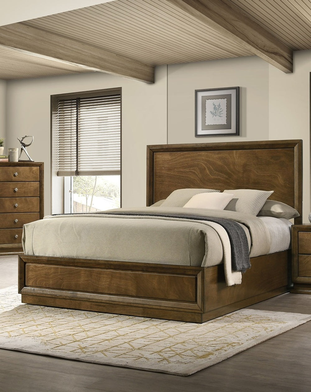 English Elm Strong Walnut Twin Bed Carved Tall Headboard Rubberwood Panel Frame Bedroom B2741S00215
