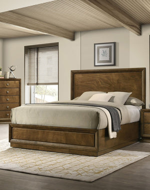 English Elm Strong Walnut Panel Bed Full Size Carved Headboard Transitional Rubberwood Bedroom Frame B2741S00214