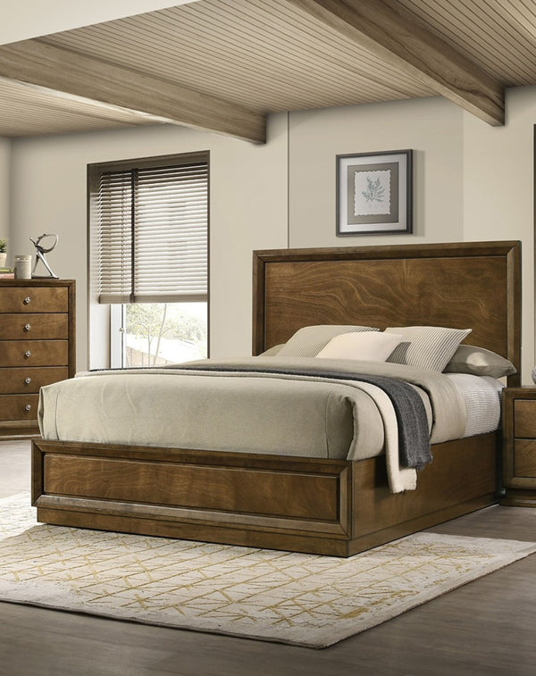 English Elm Strong Walnut Panel Bed Full Size Carved Headboard Transitional Rubberwood Bedroom Frame B2741S00214