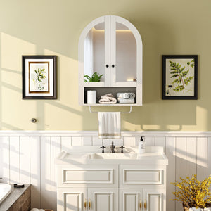 English Elm Wall Mounted Arched Cabinet Tempered Glass Doors Led Lighting Adjustable Shelves Bathroom White T3210P471556