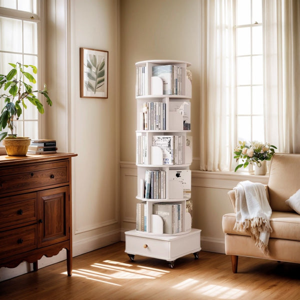 English Elm Rotating 6-Tier Corner Bookshelf With Drawer - Stylish 360° Swivel Storage For Small Spaces, White W2641P329209-GIGA