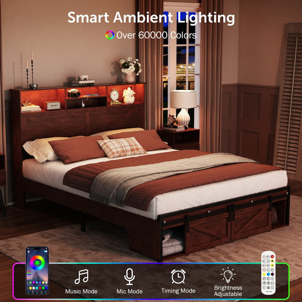 English Elm Farmhouse Full Bed with Storage Headboard Led Lighting and Built-in Charging Station W1550P343687