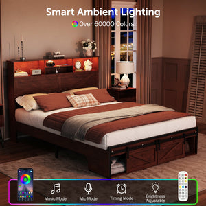 English Elm Farmhouse Queen Bed with Storage Headboard Led Lighting and Built in Charging Station W1550P343688