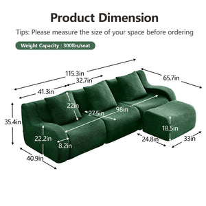 English Elm Boneless Sofa - 3-Seat Teddy Fabric Comfort, No Assembly, Ergonomic Design, Non-Slip Base, Green W714S01441