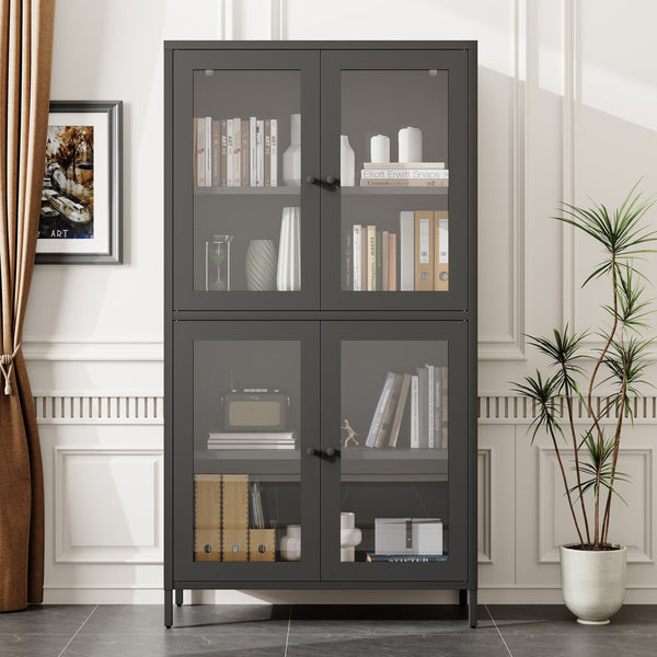 English Elm Classic Metal Storage Cabinet With 4 Glass Doors, Adjustable Shelves For Home & Office – Black Finish W2378P176372