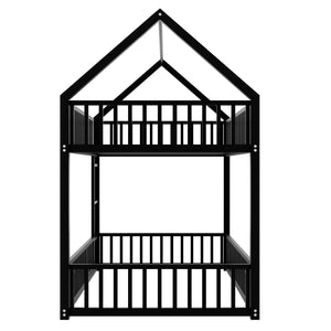 English Elm Metal Twin over Twin House Bunk Bed with Playful Roof, Sturdy Metal Frame, Quiet Support for Kids Black N709P214091B