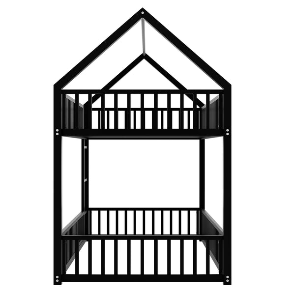 English Elm Metal Twin over Twin House Bunk Bed with Playful Roof, Sturdy Metal Frame, Quiet Support for Kids Black N709P214091B