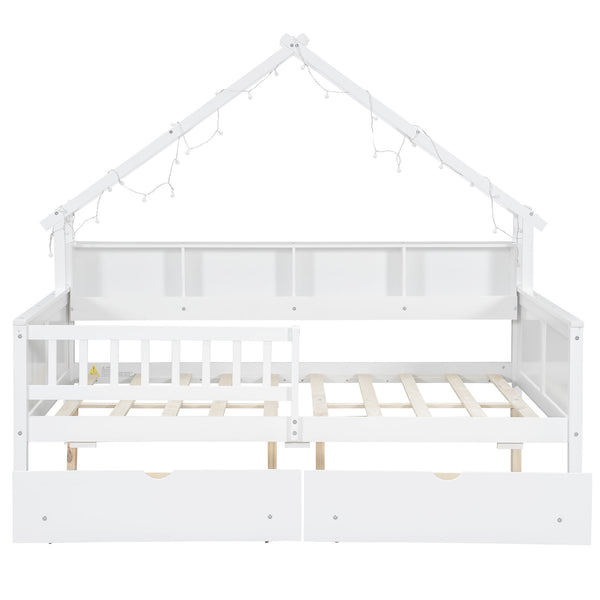 English Elm Wood Full Size Gaming Loft Bed with Integrated Desk, Shelves, LED Lighting & Hanging Clothes Rack White N7090001044K