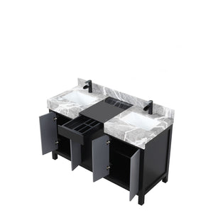 English Elm Black Double Bath Vanity 55" W With Castle Grey Marble Top & Matte Black Faucet - Modern Storage Solution B2731P261099