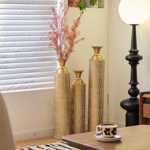 English Elm Metal Decorative Vases Set Of 3 - Antique Gold Finish With Etched Vine Patterns For Elegant Décor W2796P192834