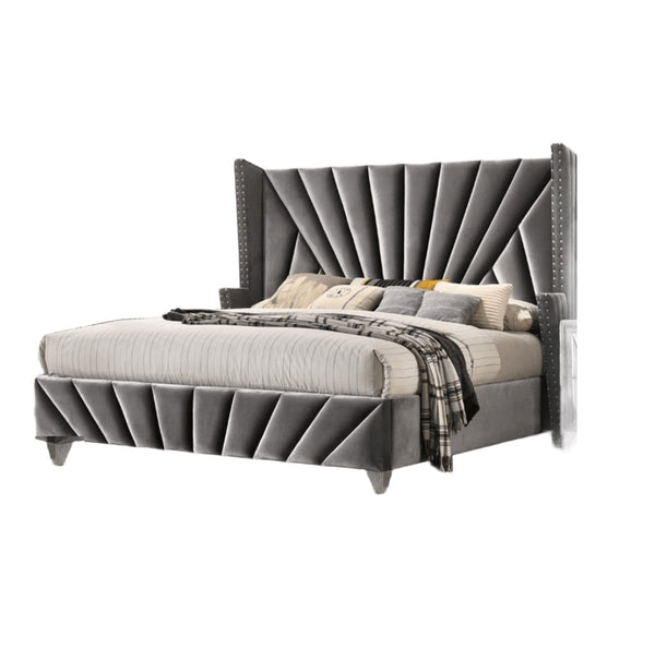 English Elm Bedroom Wooden Queen Bed with High Panel Headboard, Gold Trim Accent, Modern Luxury Design Gray 69.5 L x 26 W x 5 H B2741S00108