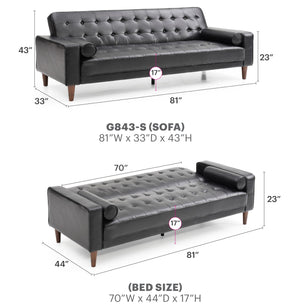English Elm Glory Andrews G843A-S Sofa Bed PU Tufted Modern Convertible Sleeper with Removable Arms & Stable Center Leg Black 75 L x 43 W x 12 H B078108472