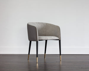 Sunpan Asher Dining Armchair - Modern Barrel Back Design with Black Steel Legs and Elegant Gold Foot Caps Flint Grey / Napa Taupe