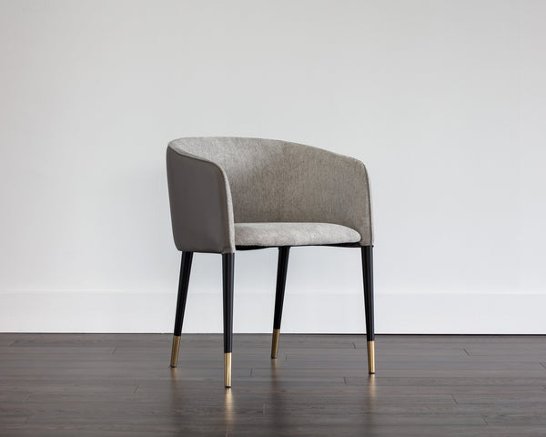 Sunpan Asher Dining Armchair - Modern Barrel Back Design with Black Steel Legs and Elegant Gold Foot Caps Flint Grey / Napa Taupe