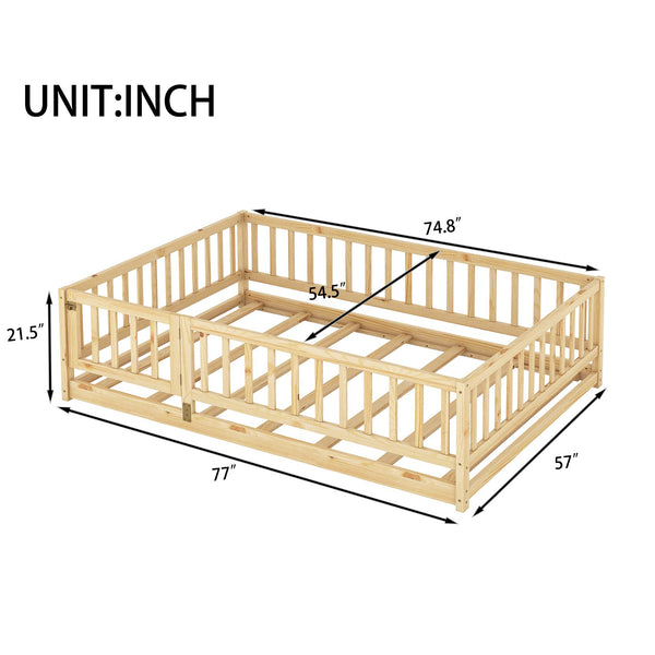 English Elm Full Montessori Floor Bed with Fence and Door, Natural Pine Slatted Full Size Bed, 300lb Capacity, Easy Assemble Oak W1820P369889