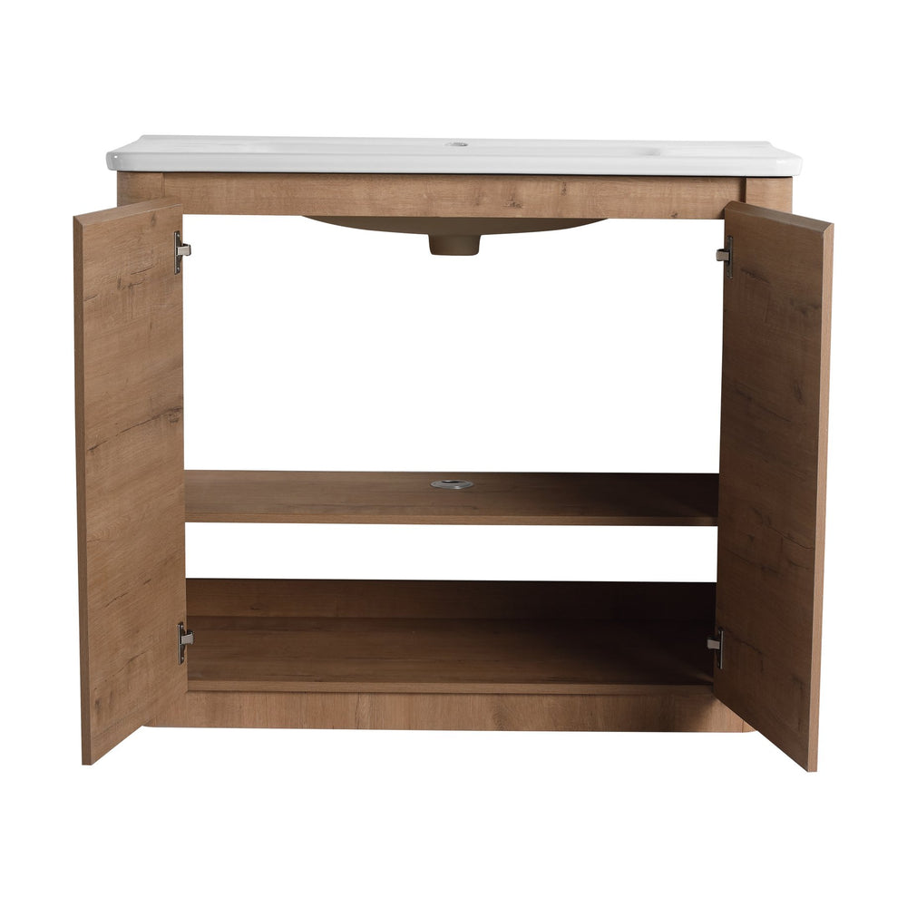 English Elm 40'' Freestanding Bathroom Vanity With Ceramic Sink, Soft-Close Doors & Side Cabinet For Stylish Storage W999S00404