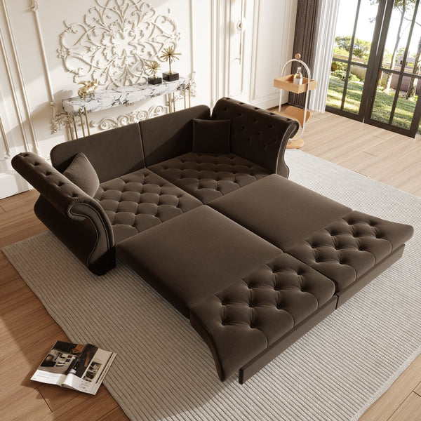 English Elm 83.8" Chesterfield Sleeper Sofa Velvet Upholstered with Flower Tufting for Living Room Brown W1885S00402