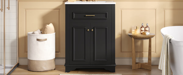English Elm 24" Matte Single Sink Vanity Solid Poplar Frame Gold Hardware Soft Close Cabinet Black N710P389449B