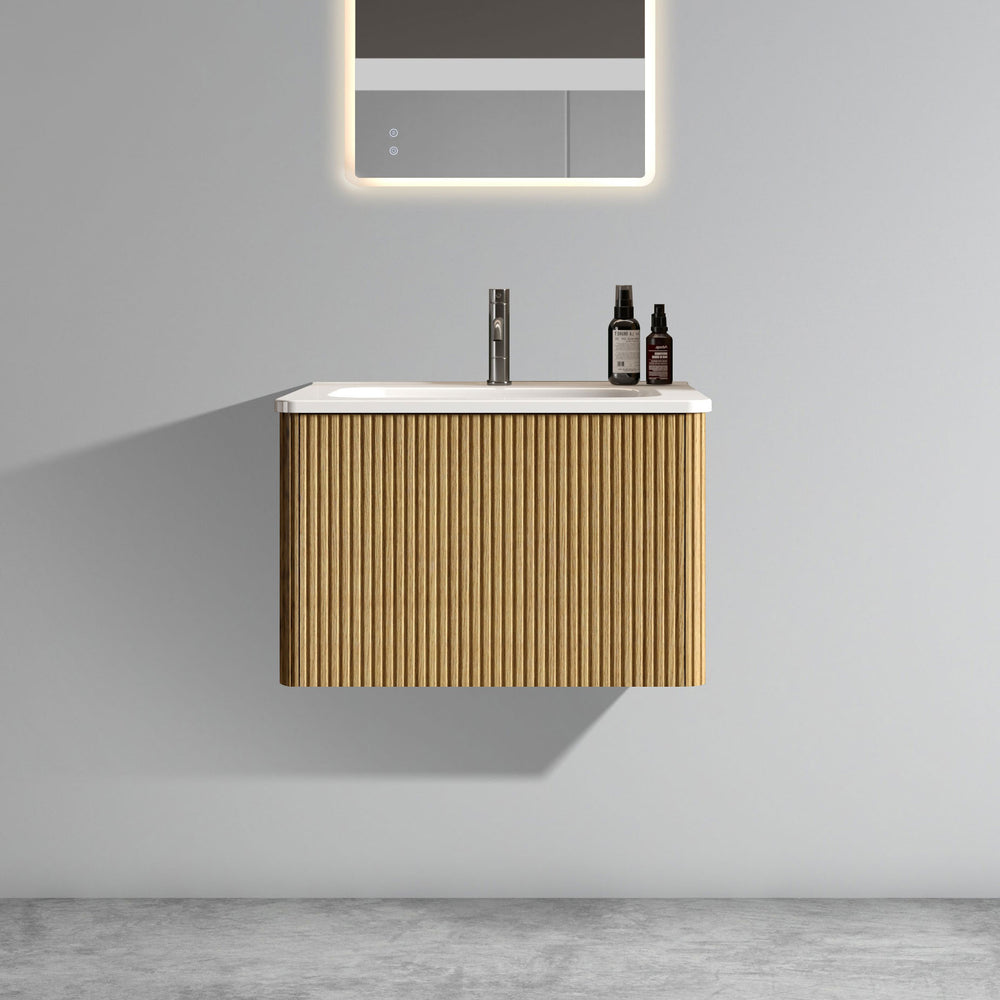 English Elm U055-Etna24W-306 Striped Natural Oak Floating Vanity 24" with Integrated White Ceramic Sink, Push-Open Drawer W1865P164724