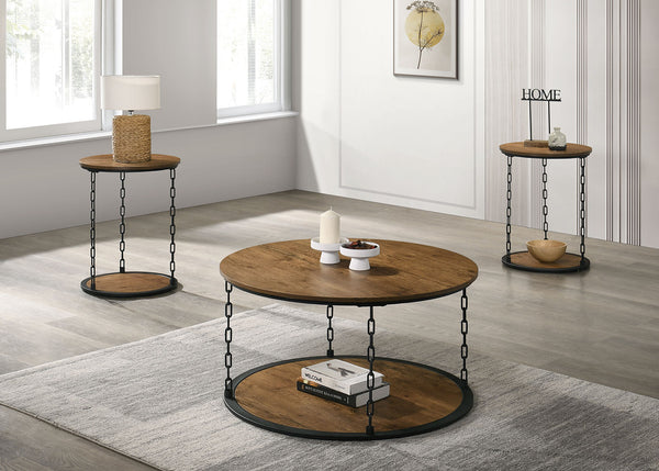 English Elm Natural Rustic 3pc Table Set with Chain Metal Accents, Two-Tier Storage Coffee & End Tables, Warm Wood Finish Natural 42 L x 37 W x 6 H B2741P392072